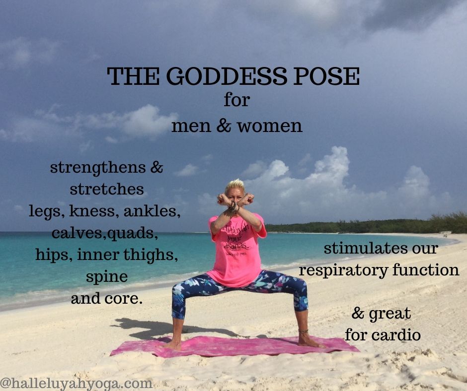 Bodyhomesoul - Benefits of Goddess Pose (Utkata konasana) 1-Goddess Pose  stretches the various muscles (hamstrings, adductors, groin, and chest)  while also stretching the hips, knees, chest, ankles, and shoulders. 2-It  builds strength